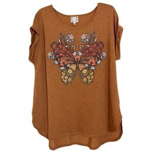 Tru Self 1X Butterfly T-shirt, Cap Sleeves High Low, Scoop Hem Rusty Orange